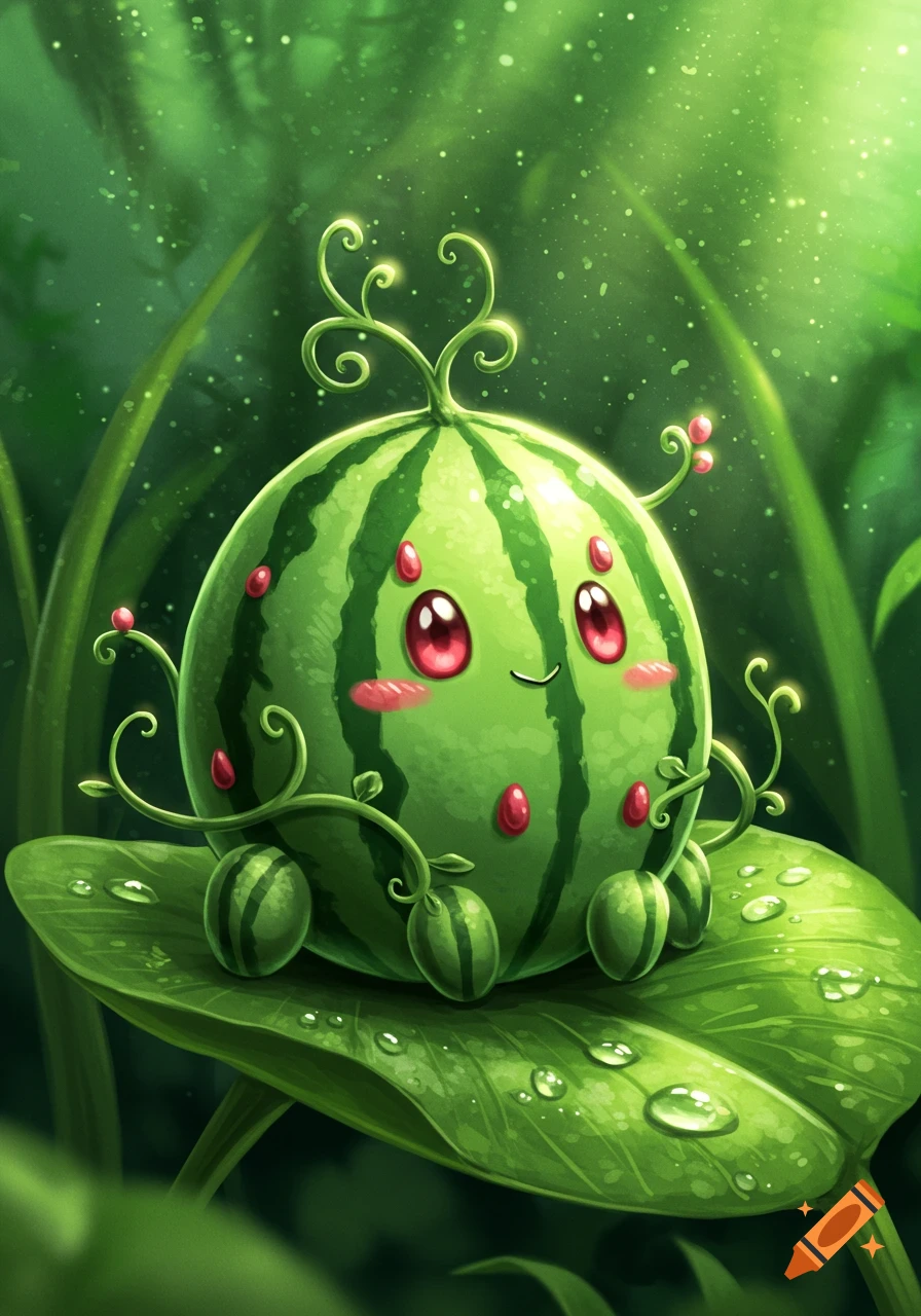 A cute, round watermelon-like creature with pink eyes and blush sits on a dewy green leaf in a lush, sparkling forest.