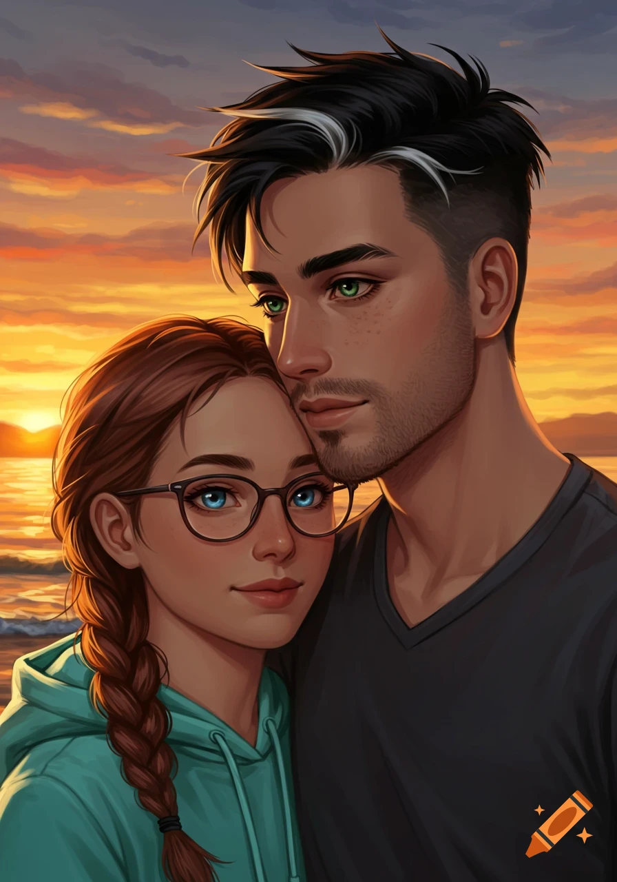 Digital painting of a couple embracing at sunset by the sea. The woman wears glasses and a braid, the man has a beard.