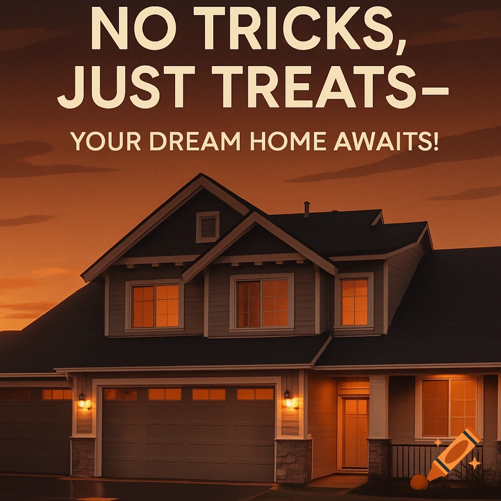 A twilight real estate ad for Halloween, featuring a cozy house with warm lights and the text 'No tricks, just treats—your dream home awaits!'