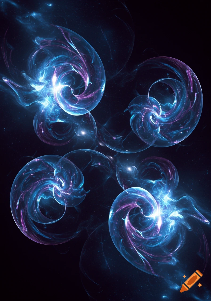 Abstract glowing blue and purple fractal swirls against a dark background.