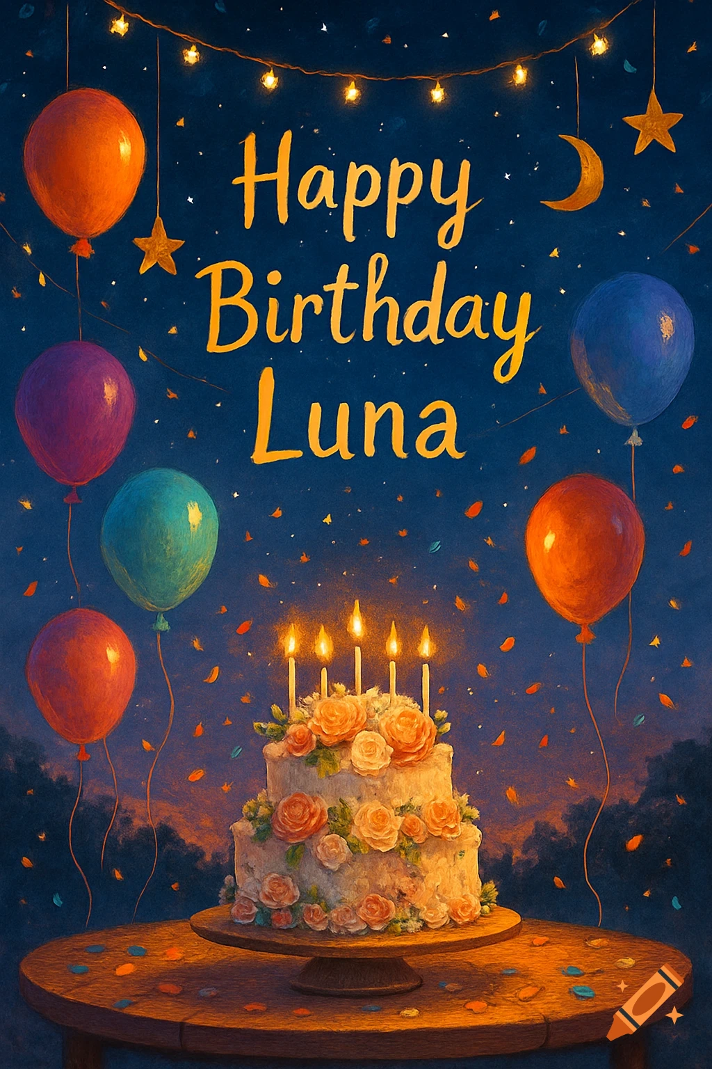 A vibrant birthday card with "Happy Birthday Luna" text, balloons, a tiered cake with candles, and confetti, against a starry night sky.