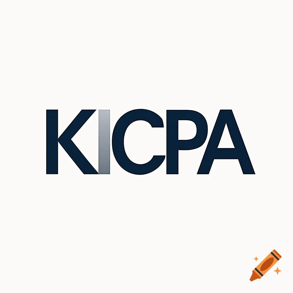 A simple and sophisticated logo featuring the letters KICPA in dark blue, with the 'I' letter having a silver gradient.