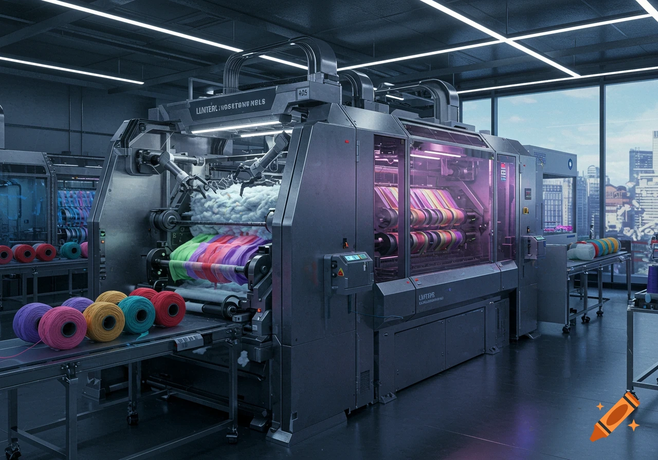 Photorealistic image of a futuristic industrial machine producing colorful yarn in a factory with a city skyline.