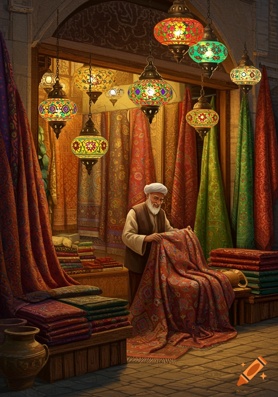An old shopkeeper in a vibrant Iranian market stall, surrounded by colorful patterned textiles and illuminated mosaic lanterns.