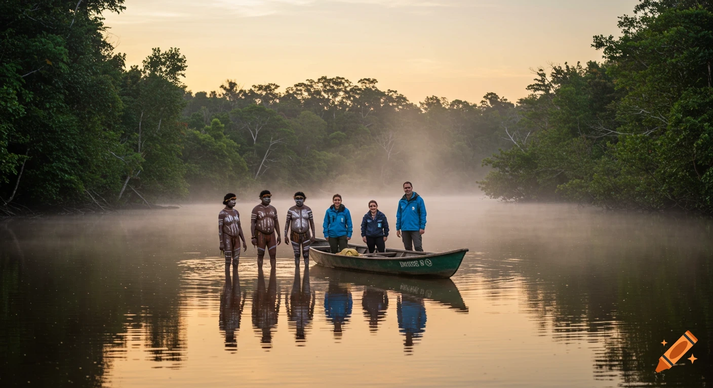 Three indigenous people with body paint and three researchers stand in a misty jungle river with a boat at sunset.