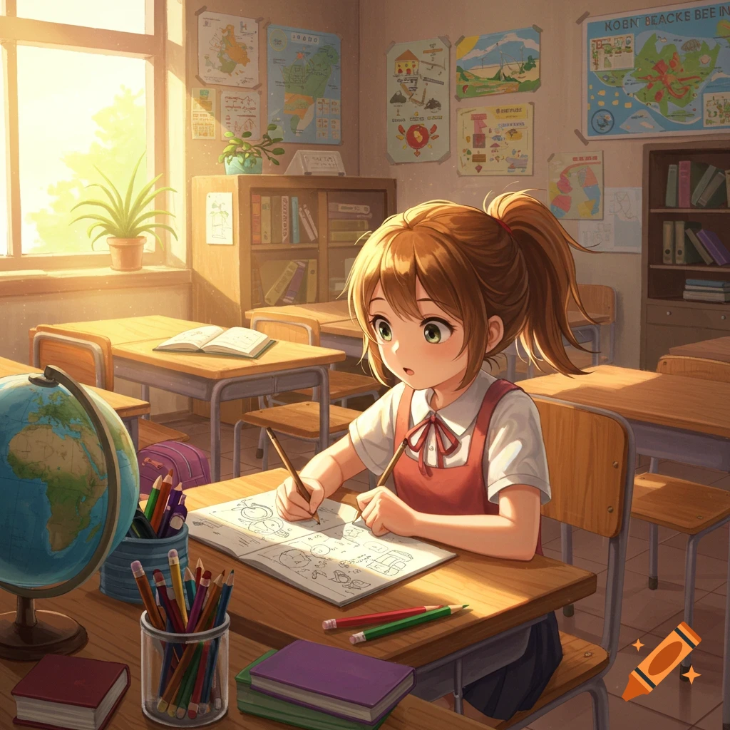 An anime-style girl with brown hair in pigtails draws in a sunny classroom, surrounded by school supplies and posters.