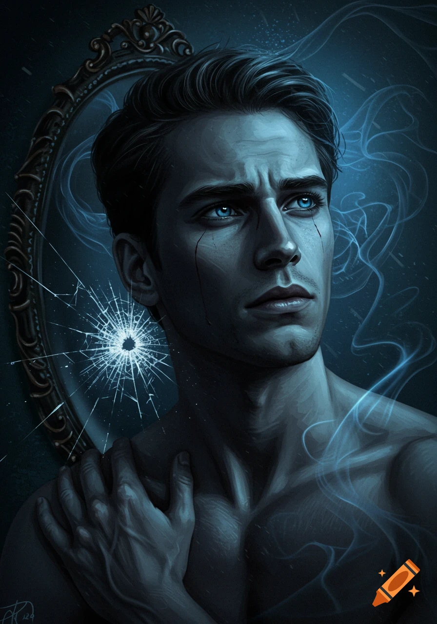 A dark digital painting of a distraught man with blue eyes, blood-like tears, and a shattered mirror reflection, surrounded by blue smoke.