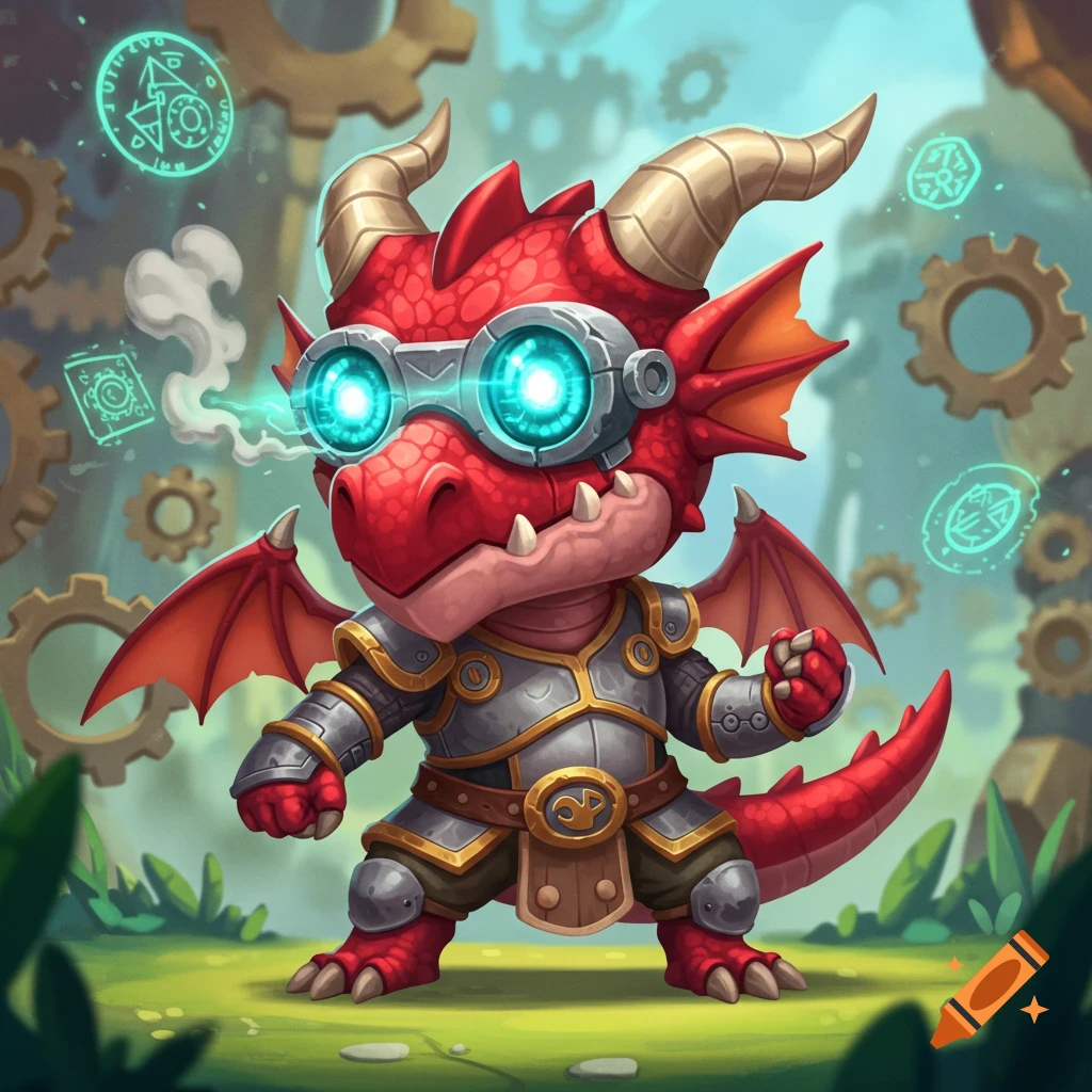 A cute little red cartoon dragon wears armored plating and glowing blue goggles, standing in a whimsical landscape with gears and runes.