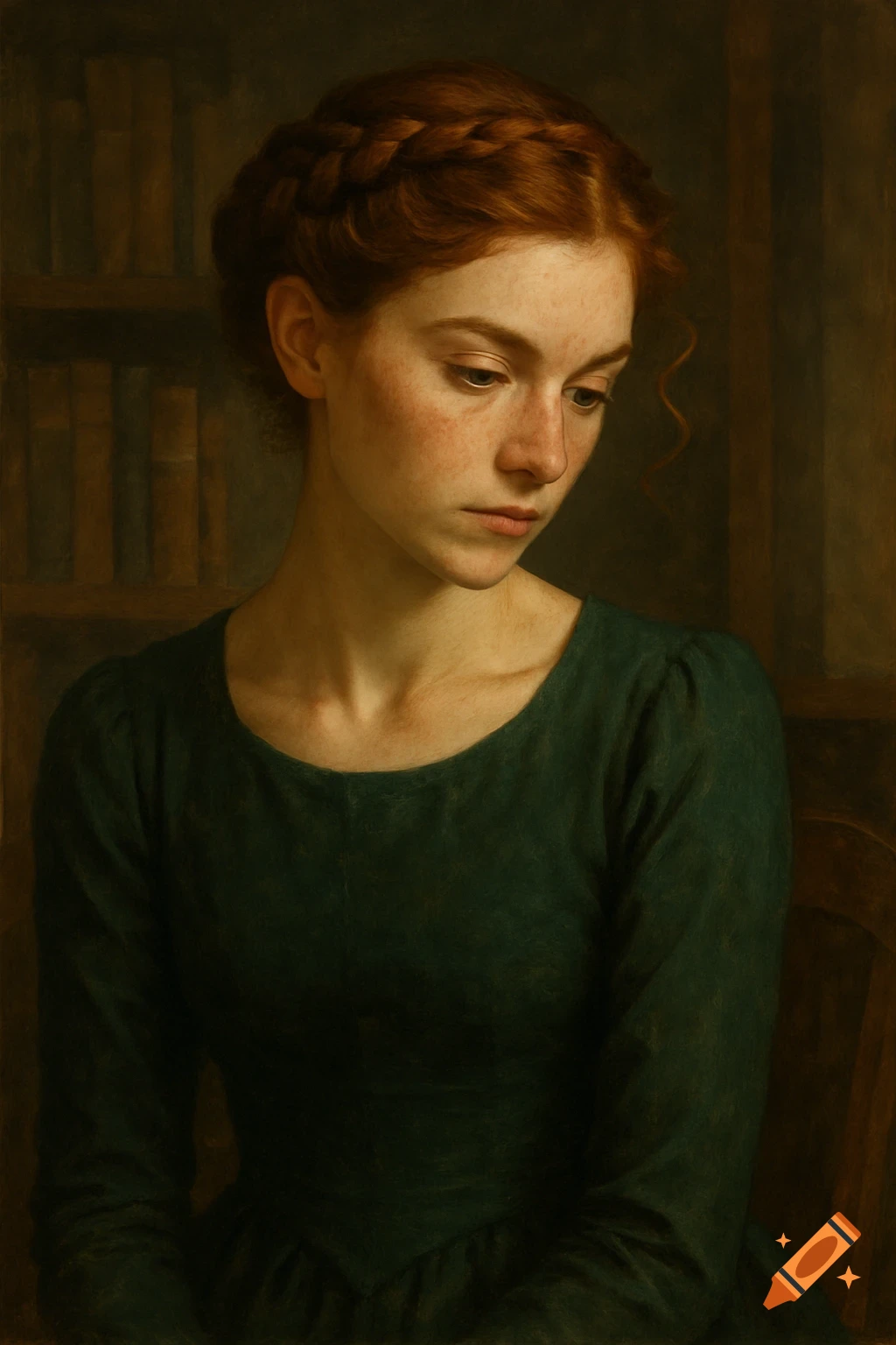 A thoughtful red-haired woman with braided hair and freckles, wearing a green gown, looks down in an oil painting style.