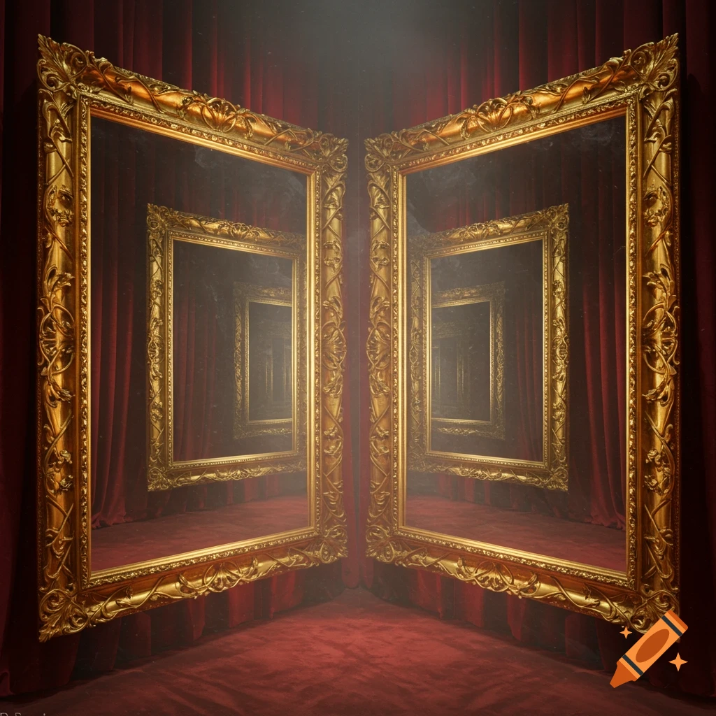 Two ornate golden frames reflect an infinite series of frames in a room with red velvet drapes and carpet.