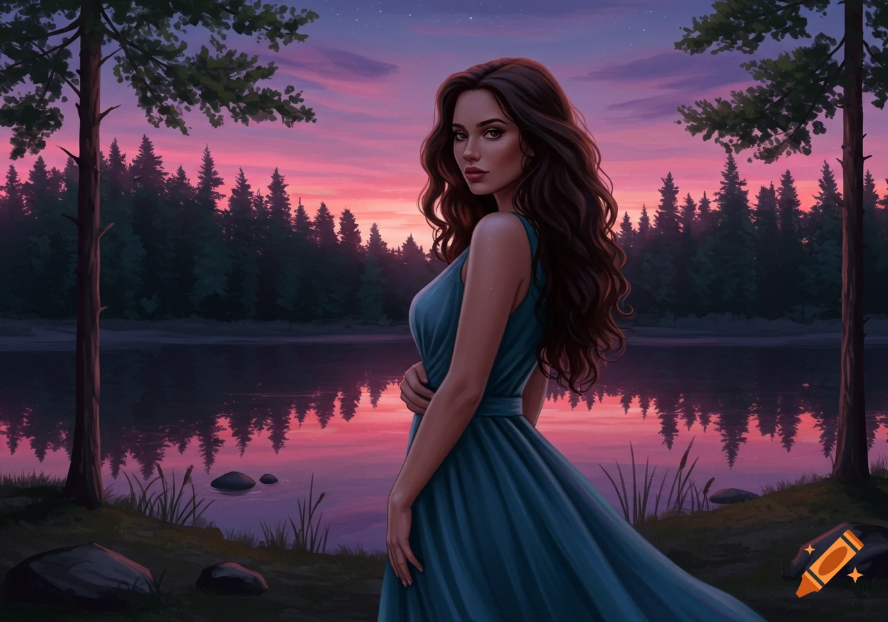 A woman with long wavy brown hair in a teal dress stands by a lake, looking back at the viewer. The sky is a vibrant pink and purple sunset with a forest background.