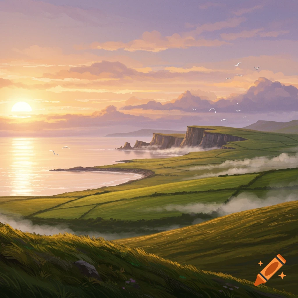 Vibrant digital painting of a serene coastal landscape at sunset, featuring green fields, cliffs, and a calm bay.