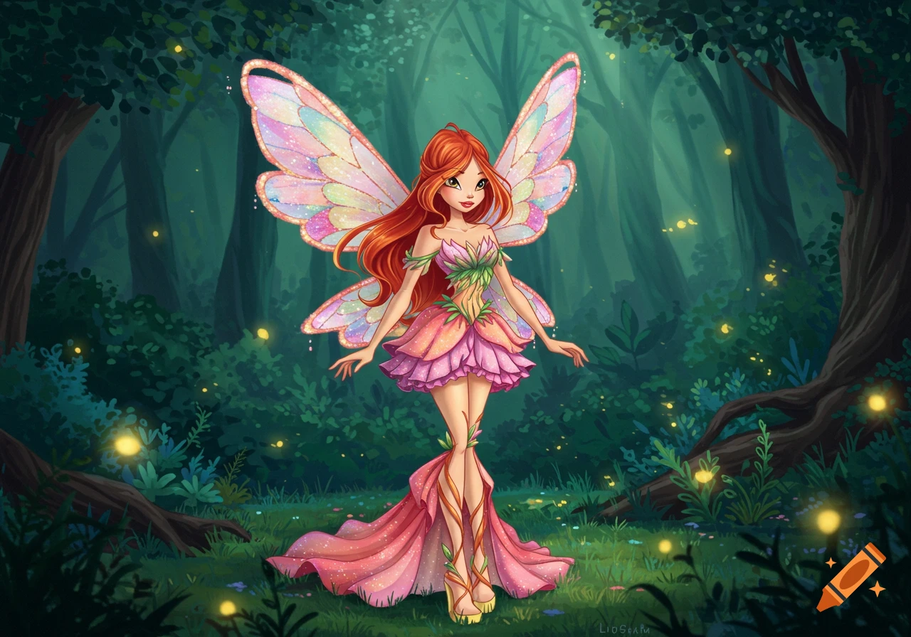 A red-haired fairy with large, colorful wings and a pink and green dress stands in a magical forest with glowing fireflies.
