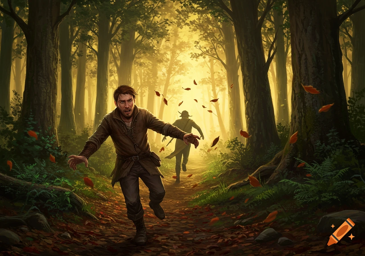 A man with a scared expression runs through a sunlit forest path, looking back at a pursuing figure.