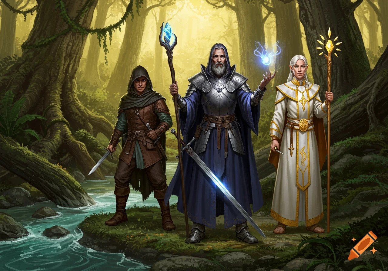 Three fantasy characters - a hooded rogue, a wizard with a glowing staff, and an elven cleric - stand by a river in a sunlit forest.