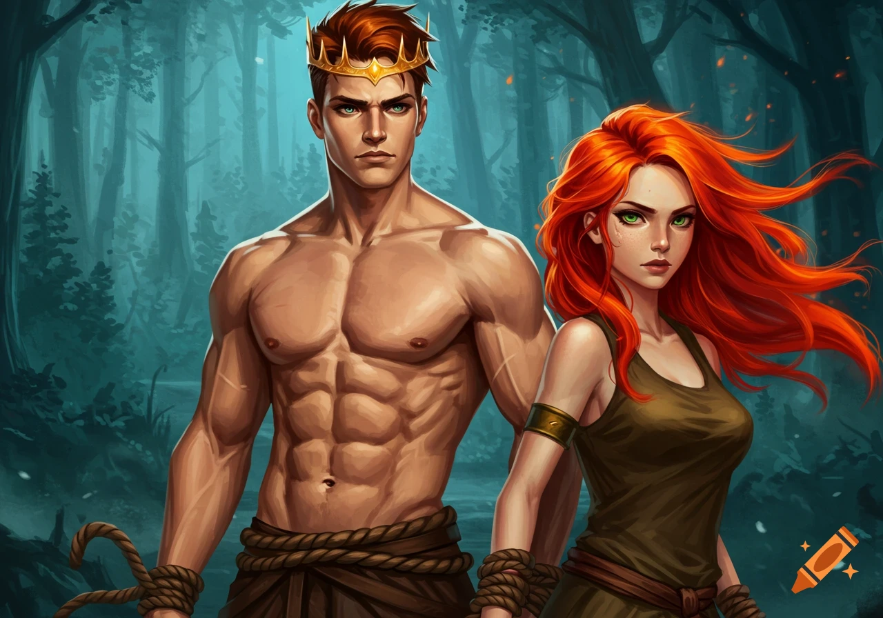 Digital art illustration of a crowned, muscular man and a red-haired woman with green eyes, both tied with ropes, looking serious in a foggy forest.
