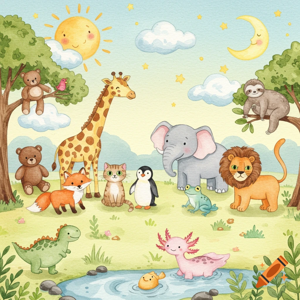 Watercolor illustration of diverse cartoon animals (giraffe, elephant, lion, sloth, bears) in a whimsical landscape with sun and moon.