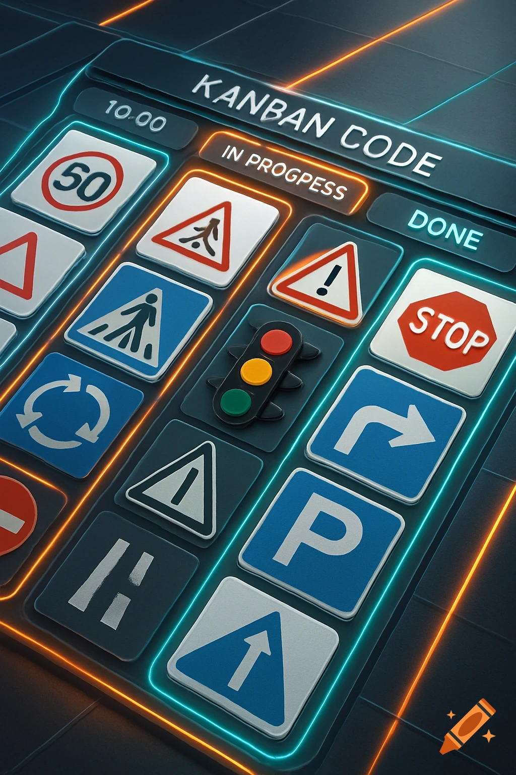 A stylized digital kanban board featuring various glowing road signs and a traffic light, with text for "KANBAN CODE", "IN PROGPESS", and "DONE" at the top.