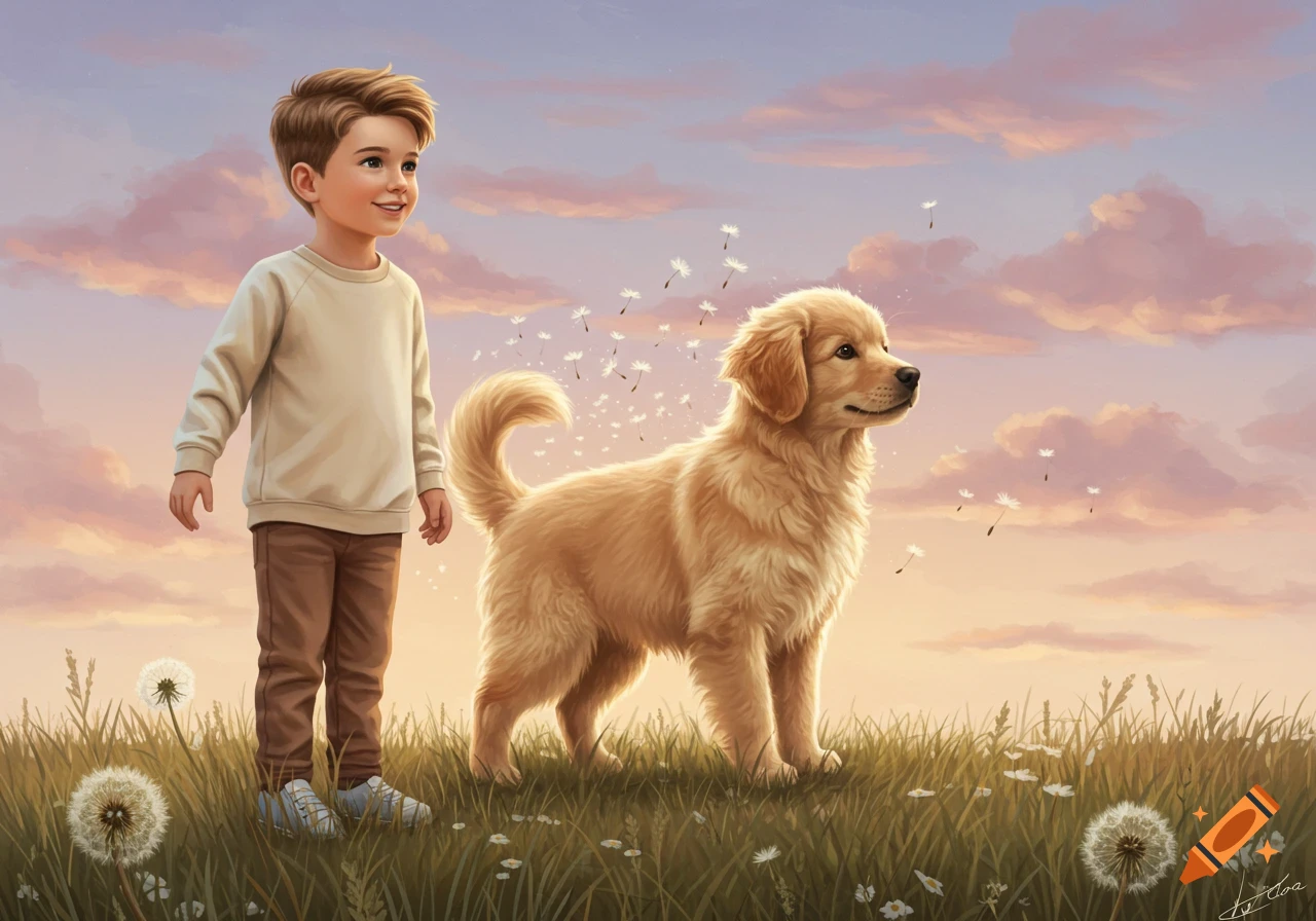 A young boy and a golden retriever stand in a grassy field with dandelions, seeds blowing in the air against a sunset sky, digital painting.