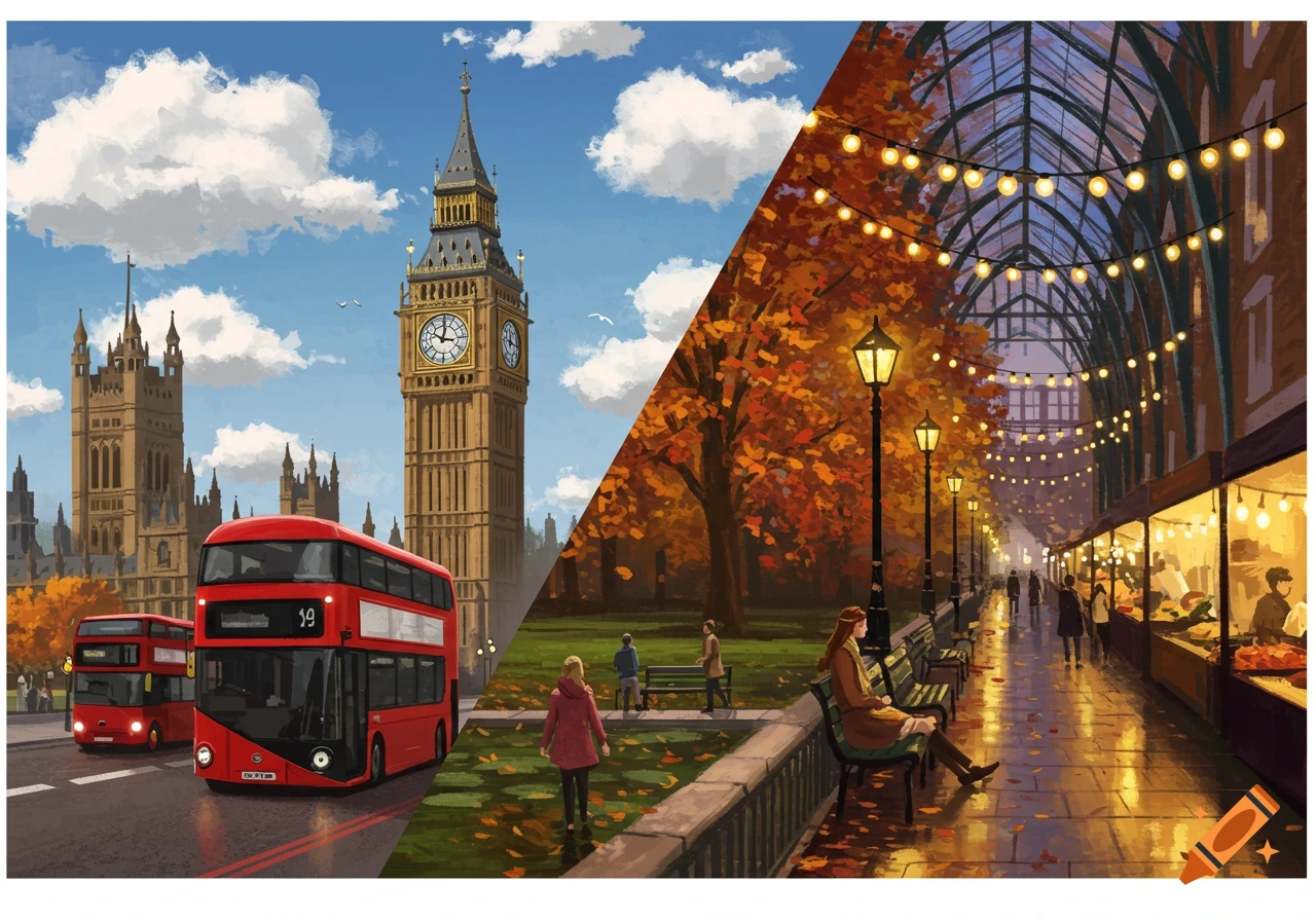 Painterly illustration of a split London scene: Big Ben and red buses, an autumn market street with string lights.