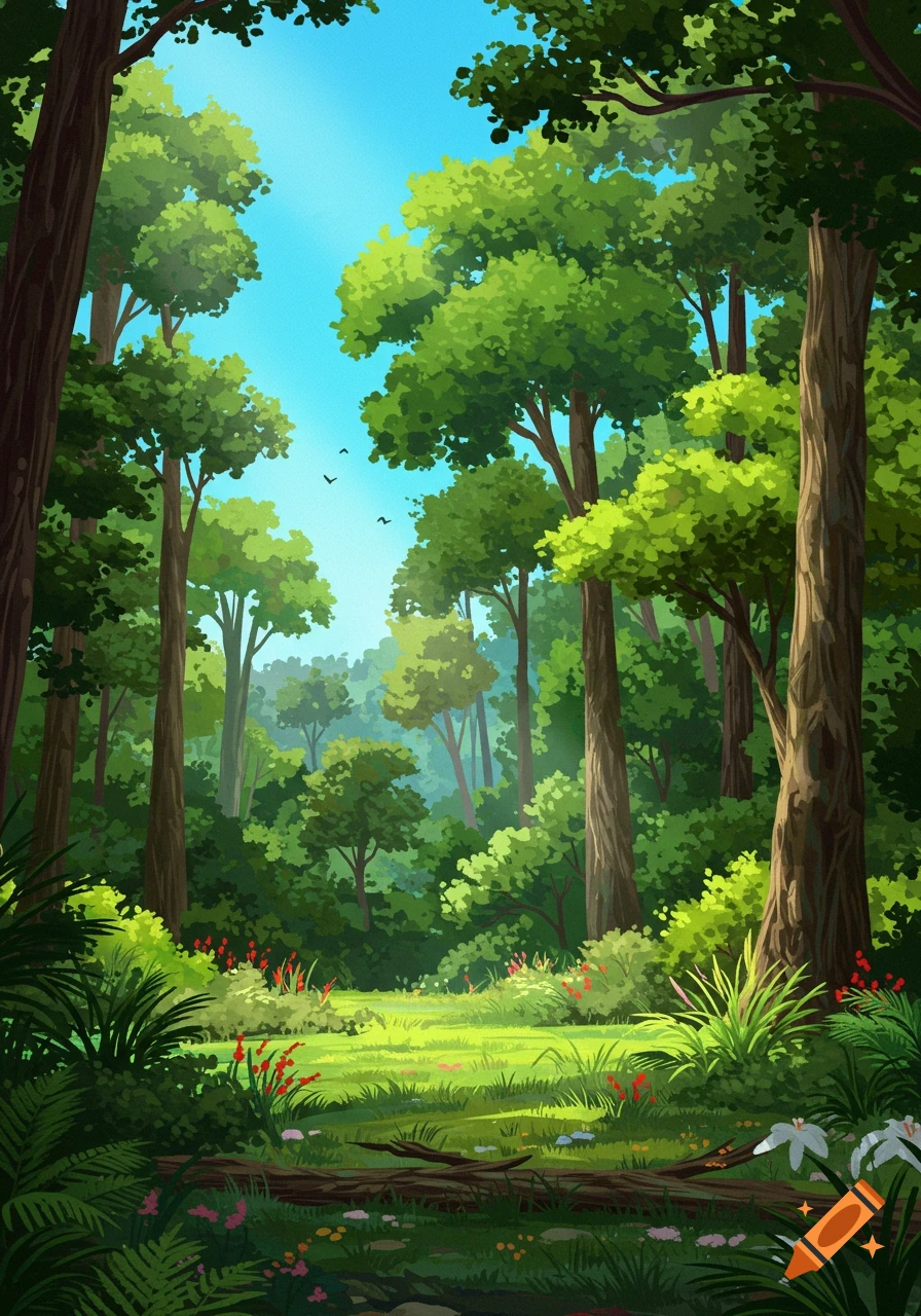 Vibrant illustration of a lush forest with tall trees, green foliage, a grassy clearing, and sunlight filtering through.