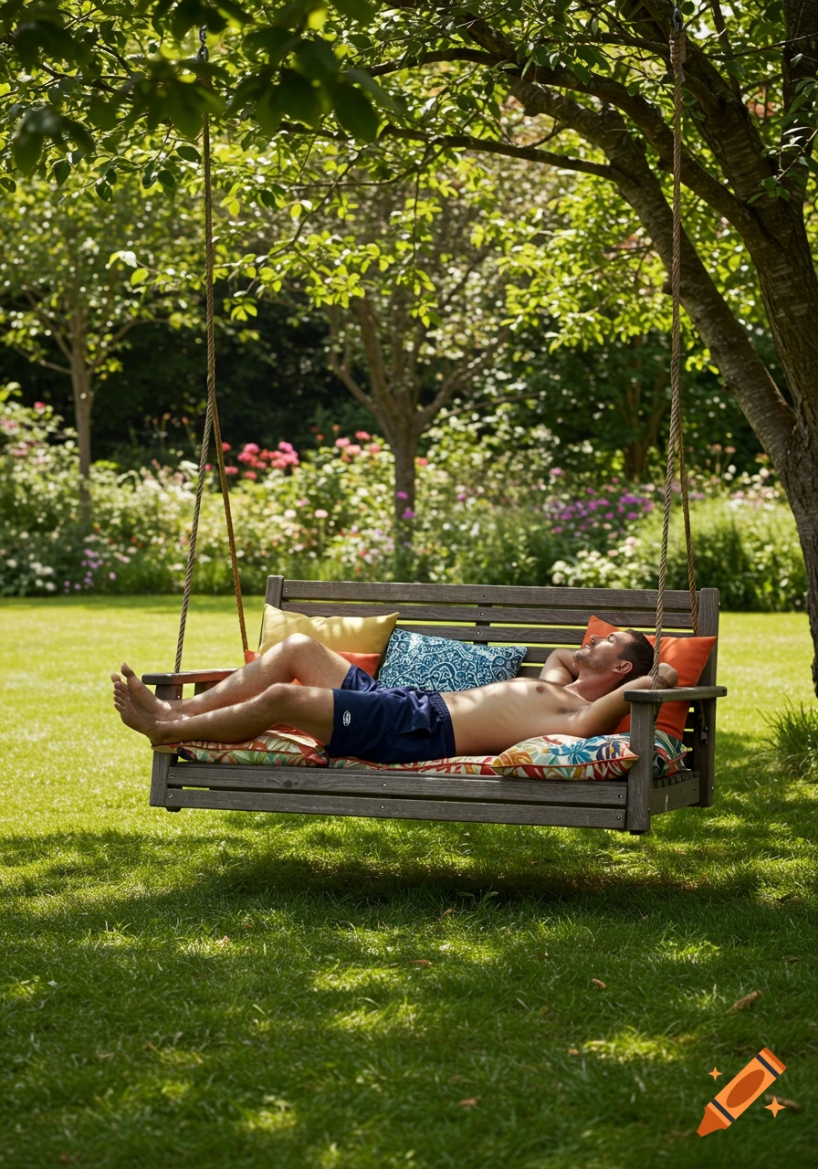 A photorealistic image of a man relaxing shirtless in blue swim shorts on a wooden garden swing in a sunny, lush garden.
