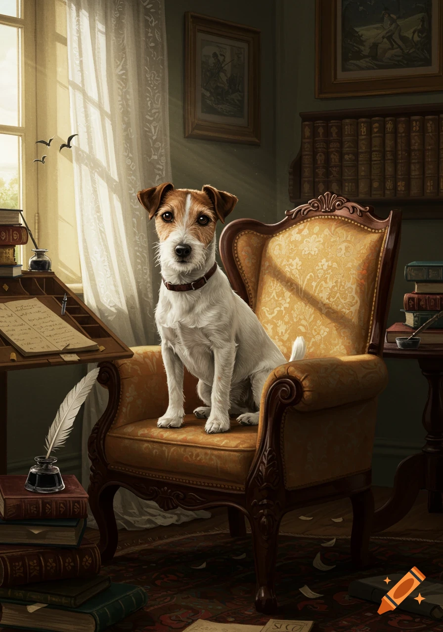 A Jack Russell dog sits on an ornate yellow armchair in a sunlit study with a writing desk, books, and framed art. Painterly style.