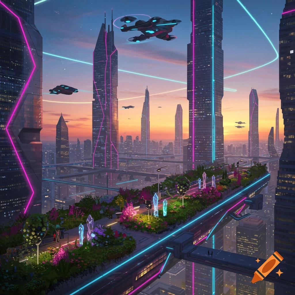 Vibrant cyberpunk cityscape at sunset with towering buildings, neon lights, flying vehicles, and an elevated garden walkway.