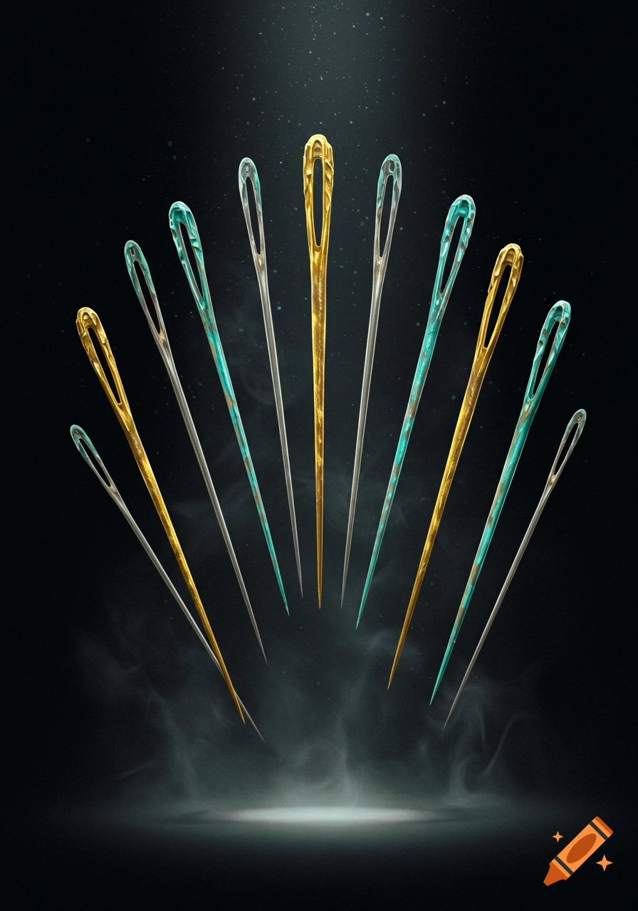 Stylized gold, silver, and teal sewing needles arranged in a fan shape against a dark, smoky background.