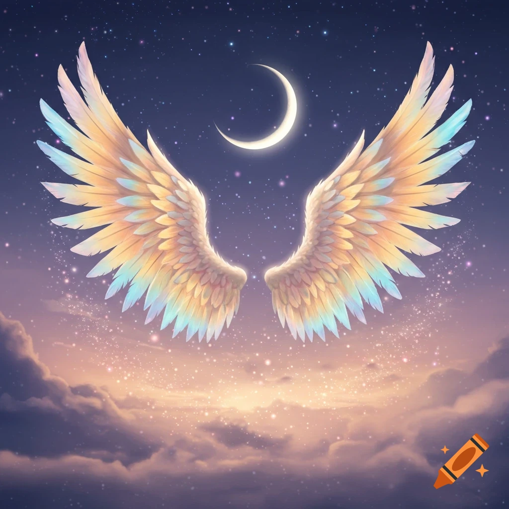 Stylized iridescent wings spread beneath a crescent moon in a star-filled night sky with glowing clouds.