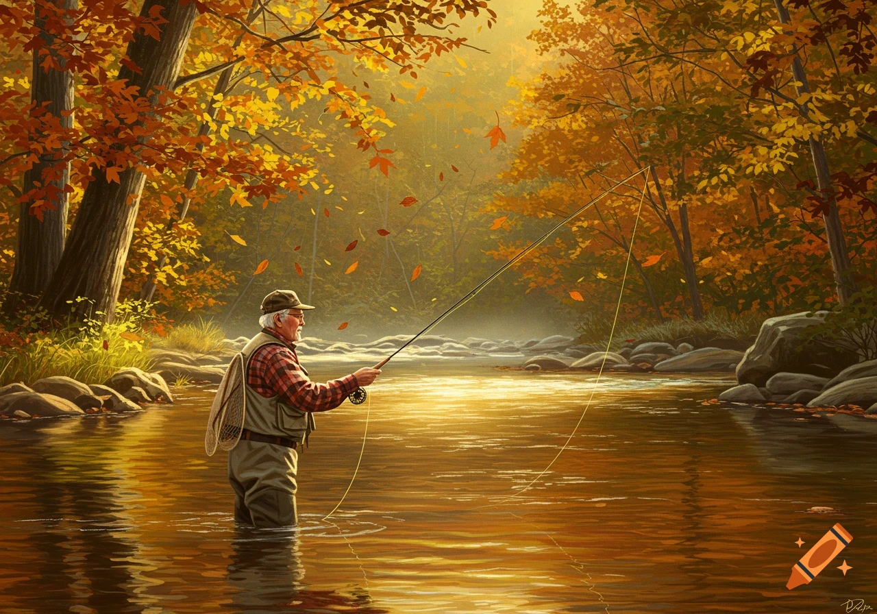A grey-haired man flyfishing in a sunlit river surrounded by vibrant autumn trees, digital painting.