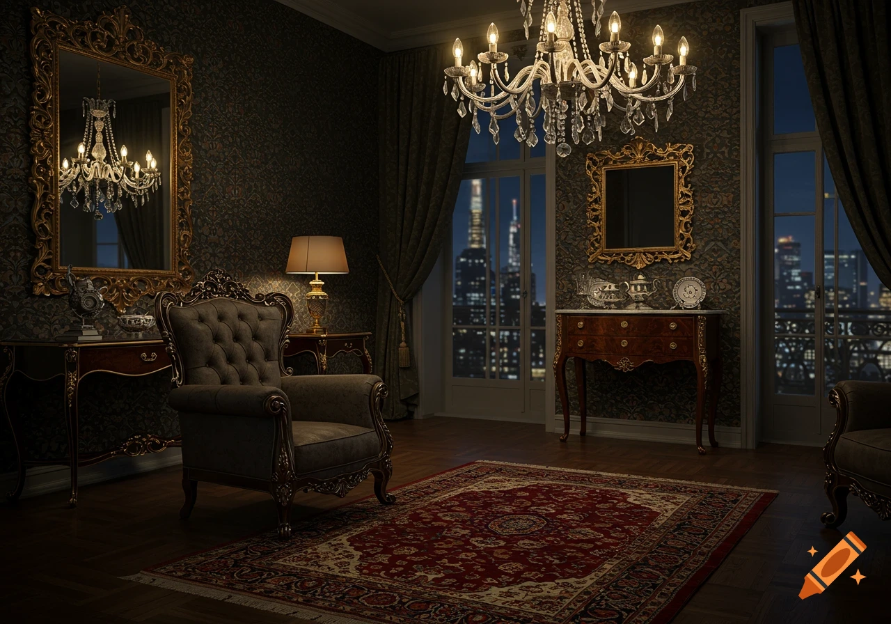 Luxurious, dimly lit room with an ornate chandelier, velvet armchair, red rug, antique tables, and a night city skyline view.