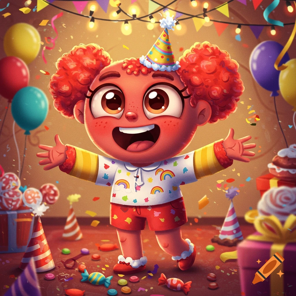 A happy cartoon child with red curly hair and a party hat, arms open wide, at a colorful birthday party with balloons, confetti, and candy.