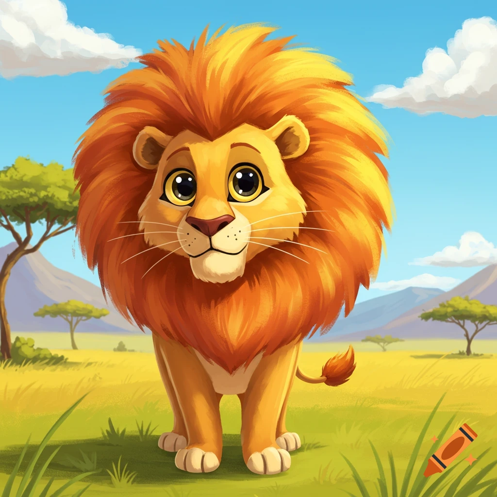 A cute cartoon lion with a large orange mane stands in a sunny savanna with trees and mountains in the background.
