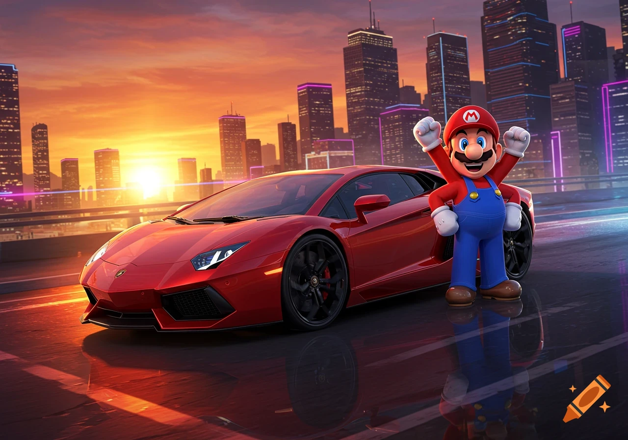 Mario stands proudly next to a red Lamborghini on a city bridge at sunset, with a vibrant skyline in the background.