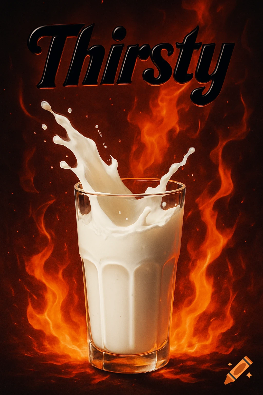 Photorealistic glass of milk splashing amidst flames, with the word 'Thirsty' in bold lettering above.
