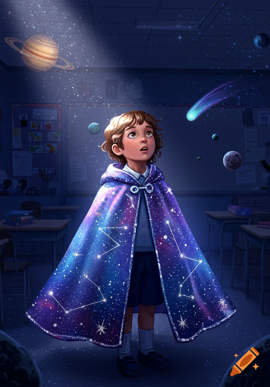 A child in a classroom wearing a galaxy cape looks up in wonder as planets and stars float around.