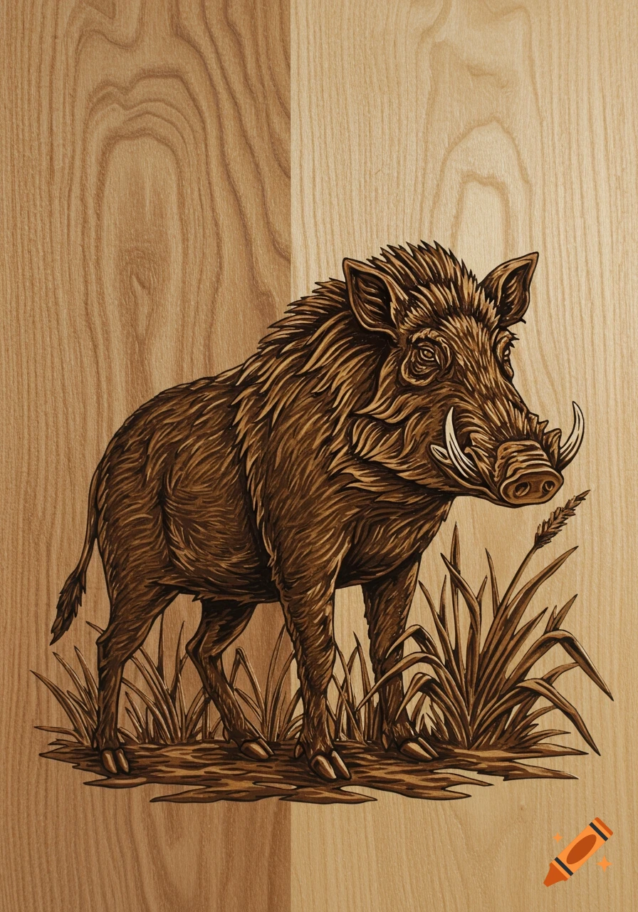 A stylized wood-carved illustration of a feral hog with tusks, standing in tall grass against a wooden background.