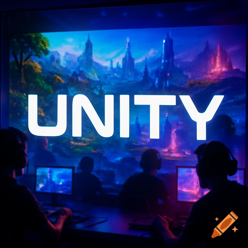 Silhouetted gamers in a dark room watch a large screen displaying the word UNITY over a vibrant fantasy landscape.
