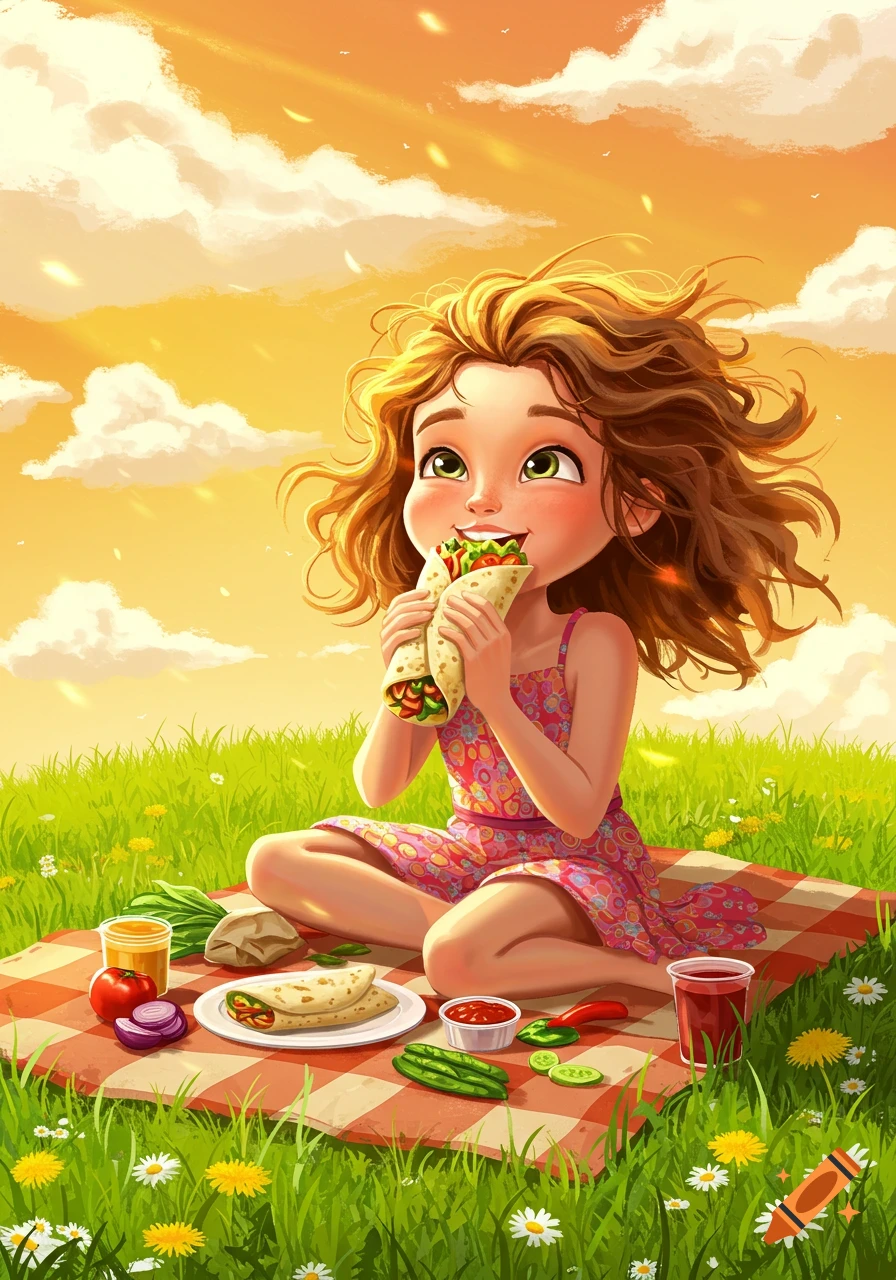 Cartoon girl with curly hair eating a burrito at a sunny outdoor picnic in a grassy field.