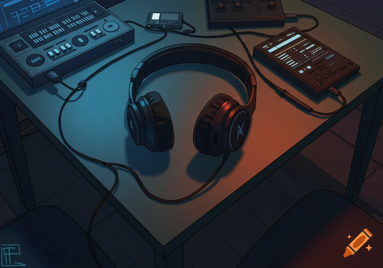 An urban cartoon-style illustration from a bird's-eye view shows black headphones and various music gadgets on a table, illuminated by blue and orange light.