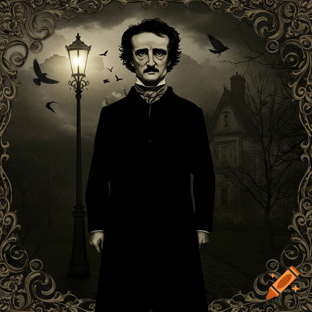 A dark, gothic illustration of Edgar Allan Poe standing under a lamppost, with ravens and an old house in the background, framed by ornate borders.