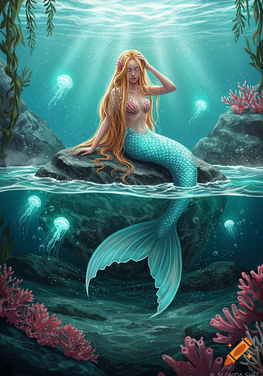 A fantasy illustration of a blonde mermaid with a turquoise tail sitting on a rock in a clear blue ocean, surrounded by glowing jellyfish and coral.