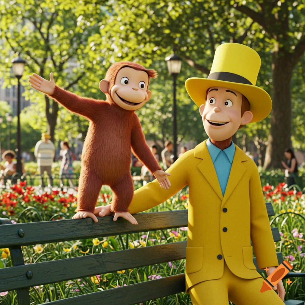 Curious George standing on a park bench next to the Man with the Yellow Hat, both smiling in a sunny park.