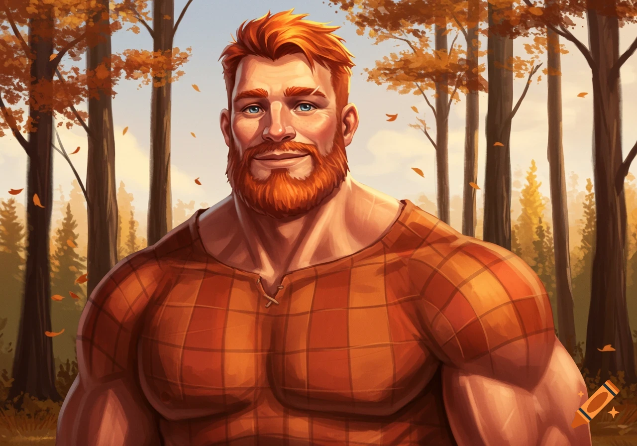 Smiling red-haired, bearded man in a plaid shirt stands in a stylized autumn forest.