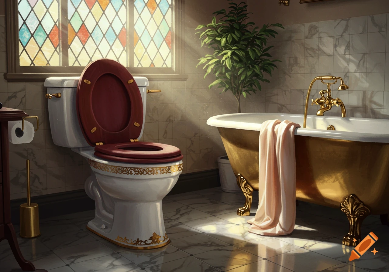 A luxurious bathroom with a white toilet, red seat, and golden trim next to a golden clawfoot bathtub and a stained glass window.