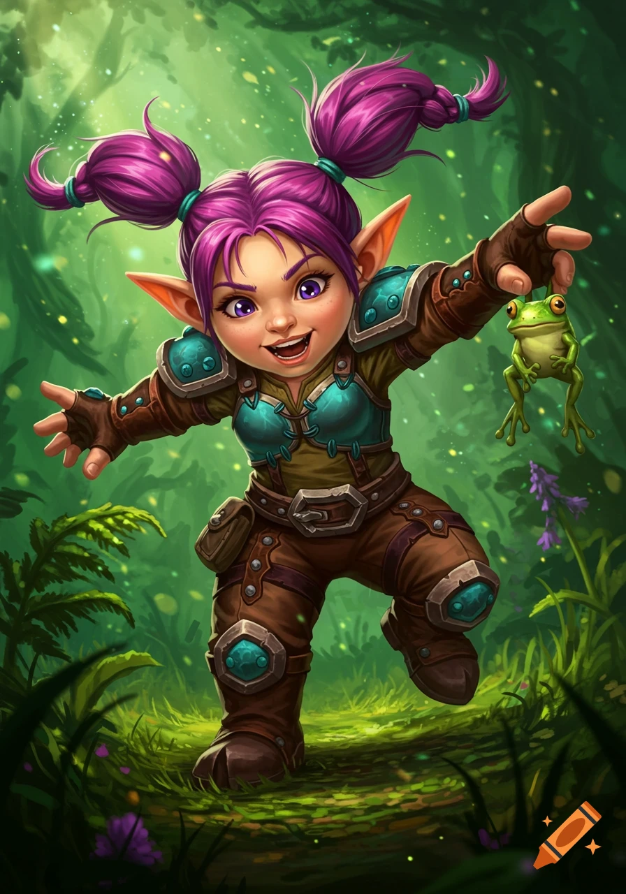 A cheerful, purple-haired gnome in fantasy gear holds a small frog in a vibrant green forest.