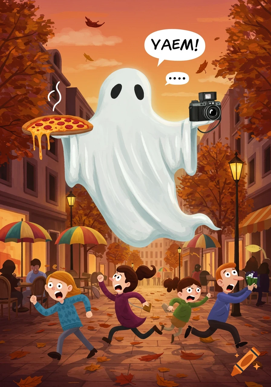 A cartoon ghost holding a melting pizza and a camera chases four frightened people down an autumn city street.