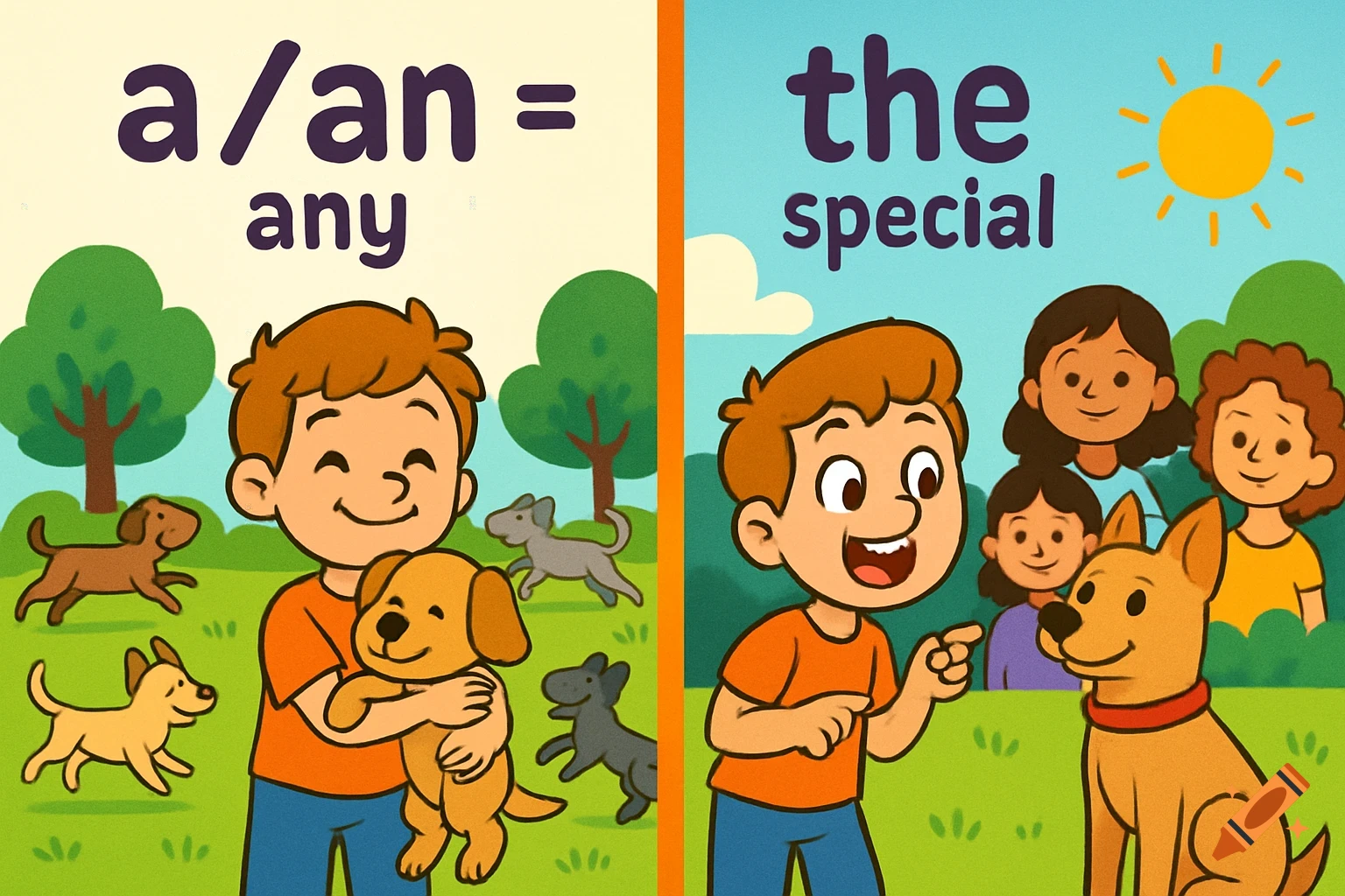 Cartoon infographic with a boy explaining a/an (many dogs) and the (a special dog with a red collar) to children in a park.