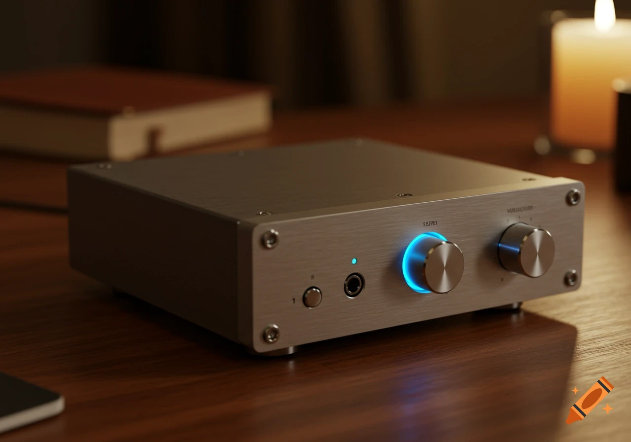 A silver desktop headphone amplifier with a glowing blue knob and other controls, on a wooden desk.